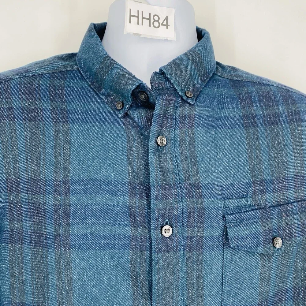The North Face Men M Blue Plaid Button Down Nylon Blend Pocket Collared Flannel
